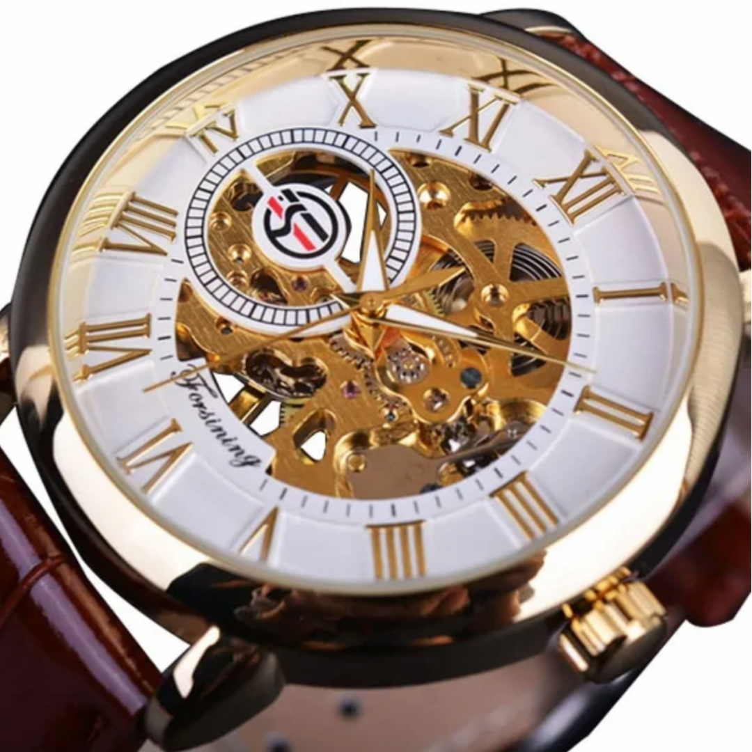 A classic wristwatch with a stainless steel case, a PU leather strap, and luminous markers on the dial. The watch exudes timeless elegance and features mechanical movement for precise timekeeping. Droppro Express